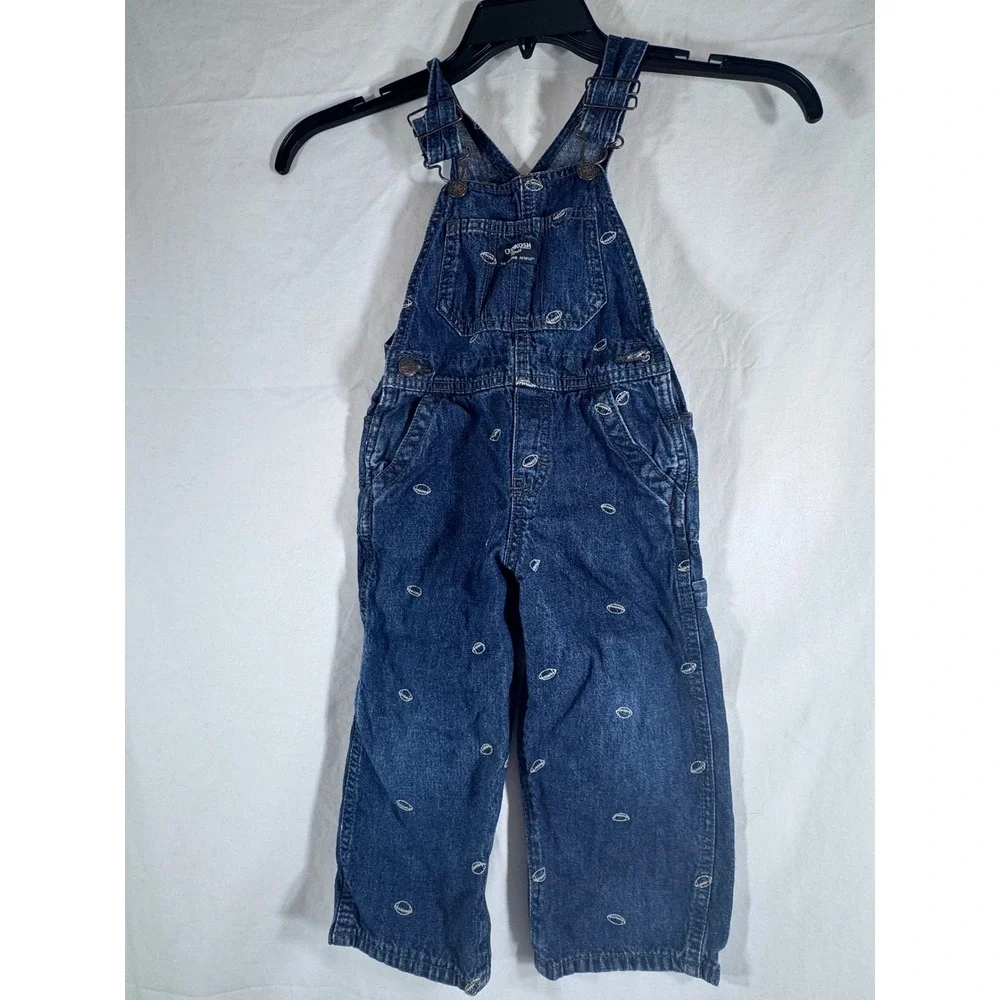 OshKosh Bgosh Kids 3T Blue Denim Football Embroidered Bib Overalls Dark Wash